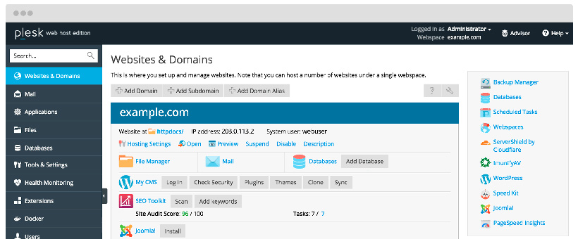 Panel de control Plesk para gestionar el hosting